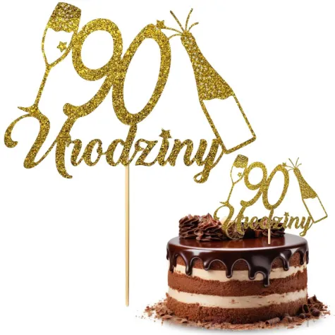 dekoracja na 90 urodziny topper papierowy szampanskie urodziny zloty brokat 15 x 19 cm