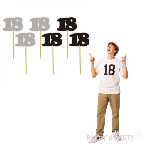 dekoracja na babeczki muffinki i koreczki pikery na 18 urodziny srebrno czarne 6 szt