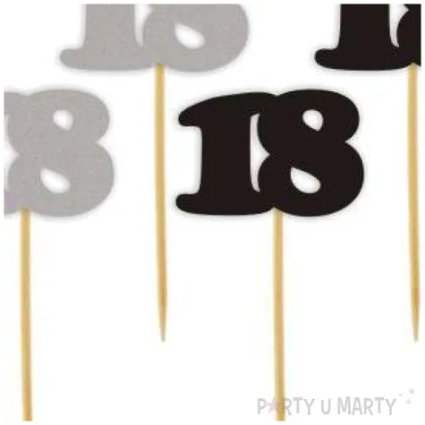 dekoracja na babeczki muffinki i koreczki pikery na 18 urodziny srebrno czarne 6 szt