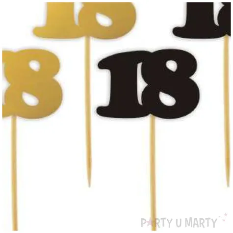 dekoracja na babeczki muffinki i koreczki pikery na 18 urodziny zloto czarne 6 szt
