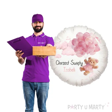 dekoracja na chrzest swiety dziewczynki personalizowany balon foliowy rozowy mis 18 rnd