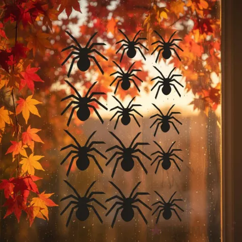 dekoracja na halloween naklejki foliowe pajaki czarne ozdoba 14 szt
