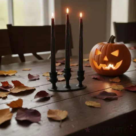 dekoracja na halloween w postaci swiecznika i trzech krwawiacych swieczek