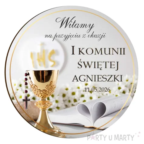 dekoracja na komunie drewniana tablica powitalna kielich z biblia personalizacja ozdoba sali