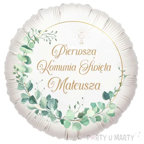dekoracja na komunie personalizowany balon foliowy eukaliptus beauty imie bialy 18 rnd