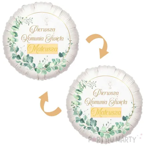 dekoracja na komunie personalizowany balon foliowy eukaliptus beauty imie bialy 18 rnd