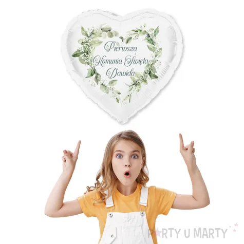 dekoracja na komunie personalizowany balon foliowy eukaliptusowe serce imie bialy 18 hrt