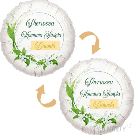 dekoracja na komunie personalizowany balon foliowy konwalie imie bialy 18 rnd