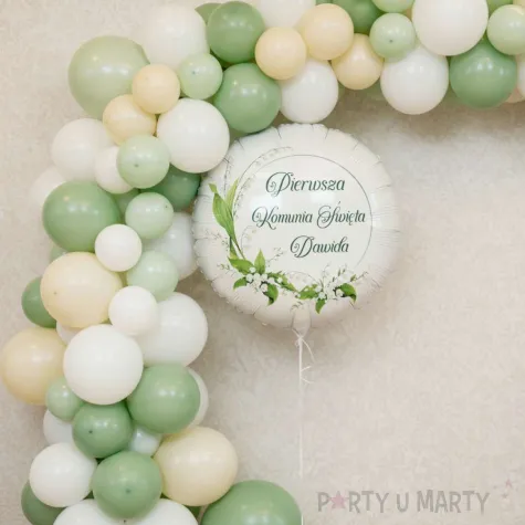 dekoracja na komunie personalizowany balon foliowy konwalie imie bialy 18 rnd