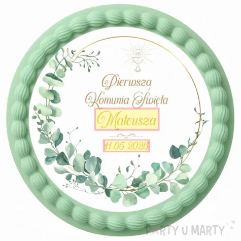 dekoracja na komunie swieta personalizowany oplatek na tort eukaliptus beauty imie 1 8