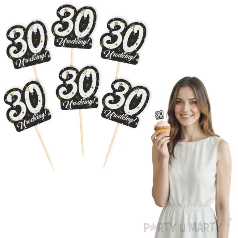 dekoracja na muffinki pikery 30 urodziny glamour ozdobne szpilki na babeczki 6 szt