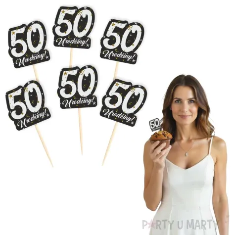 dekoracja na muffinki pikery 50 urodziny glamour ozdobne szpilki na babeczki 6 szt