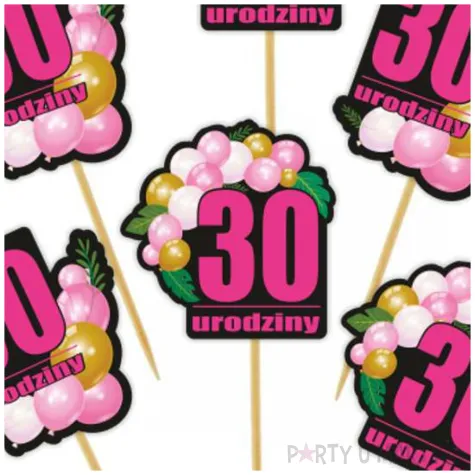 dekoracja na muffinki z okazji 30 urodzin pikery na babeczki baloniki rozowe 6 szt