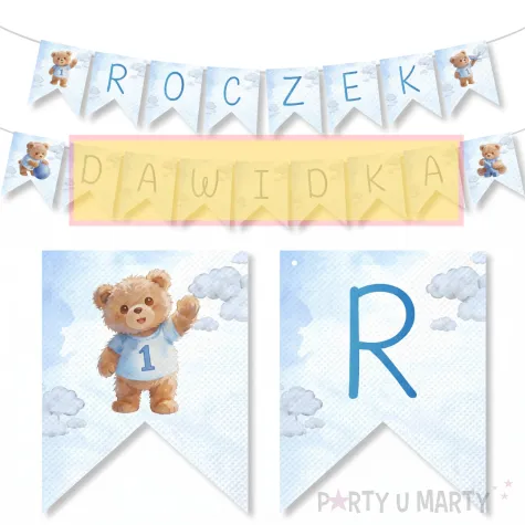 dekoracja na roczek 1 urodziny chlopca baner girlanda niebieski mis personalizacja imie dziecka