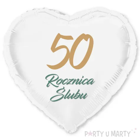 dekoracja na rocznice slubu zlote gody balon foliowy serce liczba 50 bialy 18 hrt
