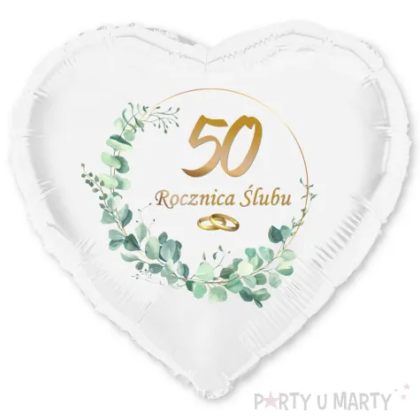 dekoracja na rocznice slubu zlote gody balon foliowy serce liczba 50 bialy 18 hrt