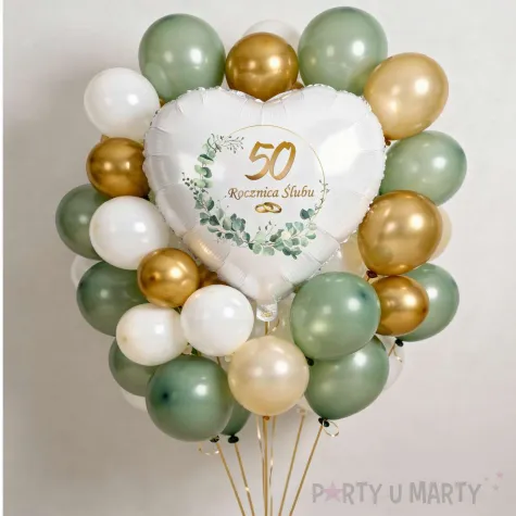 dekoracja na rocznice slubu zlote gody balon foliowy serce liczba 50 bialy 18 hrt