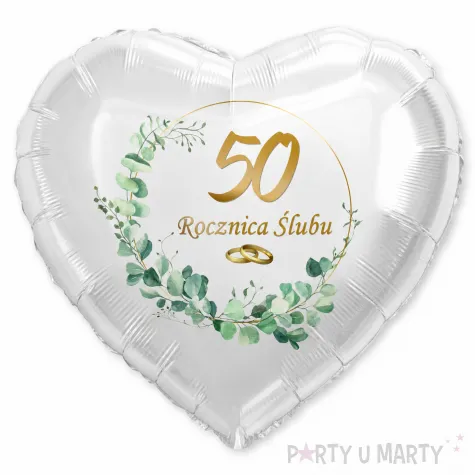 dekoracja na rocznice slubu zlote gody balon foliowy serce liczba 50 bialy 18 hrt