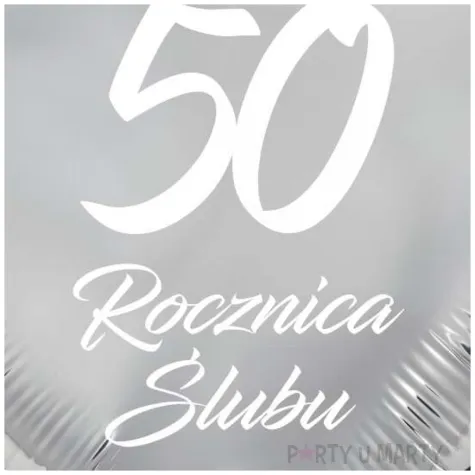 dekoracja na rocznice slubu zlote gody balon foliowy serce liczba 50 srebrny 18 hrt