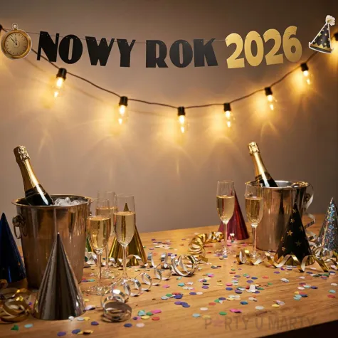 dekoracja na sylwestra baner szampanski nowy rok 2026 zloto czarny girlanda papierowa 2 3 m