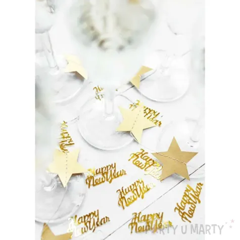 dekoracja na sylwestra nowy rok konfetti happy new year zlote metalizowane 4x2 cm