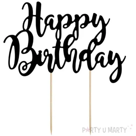 dekoracja na tort happy birthday czarna partydeco 22 5 cm