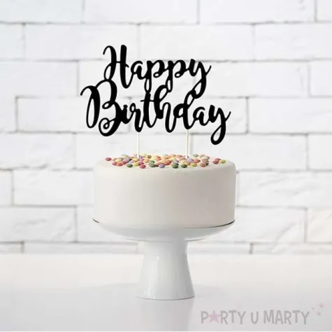 dekoracja na tort happy birthday czarna partydeco 22 5 cm