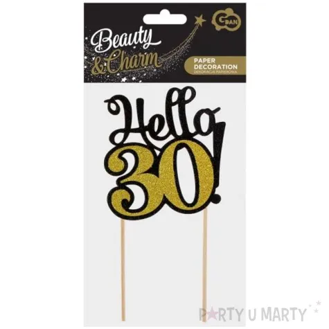 dekoracja na tort hello 30 czarno zlota 19 cm