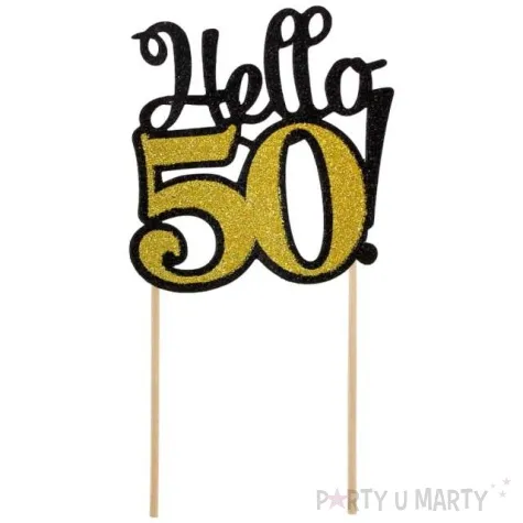 dekoracja na tort hello 50 czarno zlota 19 cm