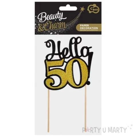 dekoracja na tort hello 50 czarno zlota 19 cm