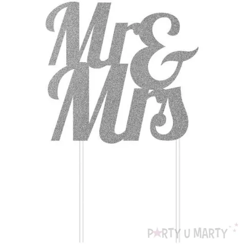 dekoracja na tort mr mrs srebrna godan 23 cm
