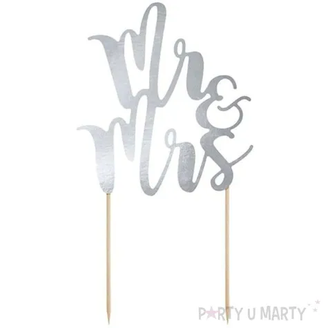 dekoracja na tort mr mrs srebrna partydeco 25 5 cm