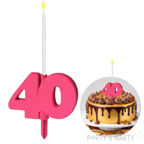 dekoracja na tort swiecznik liczba 40 biala swieczka rozowy