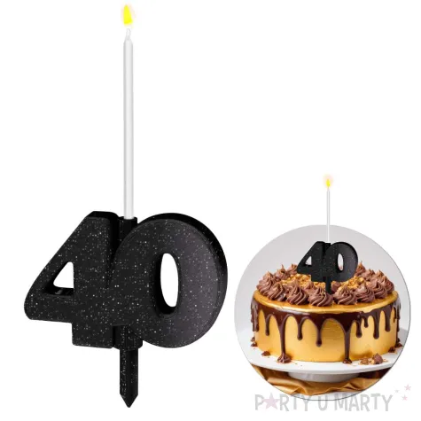 dekoracja na tort swiecznik liczba 40 brokatowa biala swieczka czarny