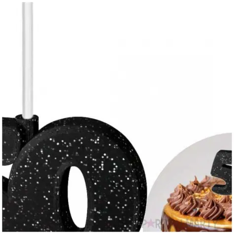dekoracja na tort swiecznik liczba 50 brokatowa biala swieczka czarny
