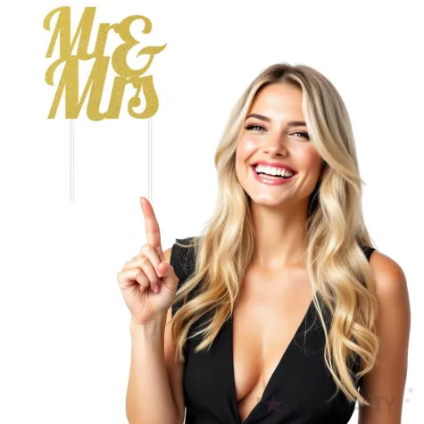 dekoracja na tort topper mr mrs brokat zlota godan