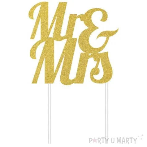 dekoracja na tort topper mr mrs brokat zlota godan