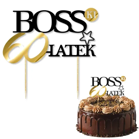 dekoracja na tort topper papierowy bosski 60 latek zloto czarny 16 cm