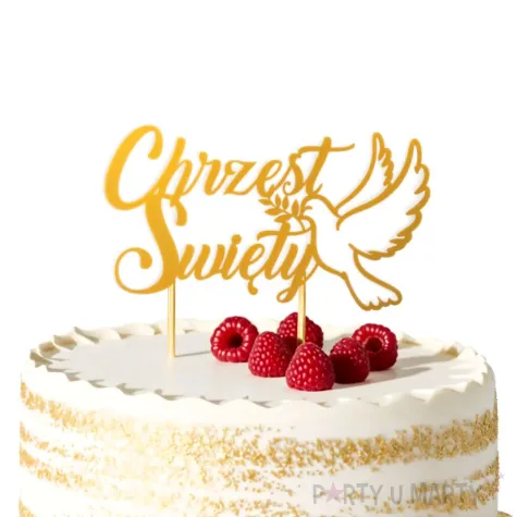 dekoracja na tort topper papierowy chrzest swiety golebica zloty 14 5 x 16 cm