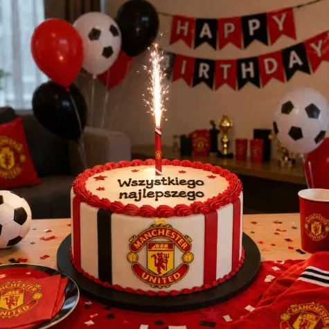 dekoracja na tort urodziny kibica fan manchester united fontanna raca tortowa pilka nozna 18cm