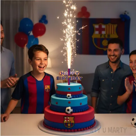 dekoracja na tort urodziny kibica fana fc barcelona fontanna raca tortowa pilka nozna 18cm