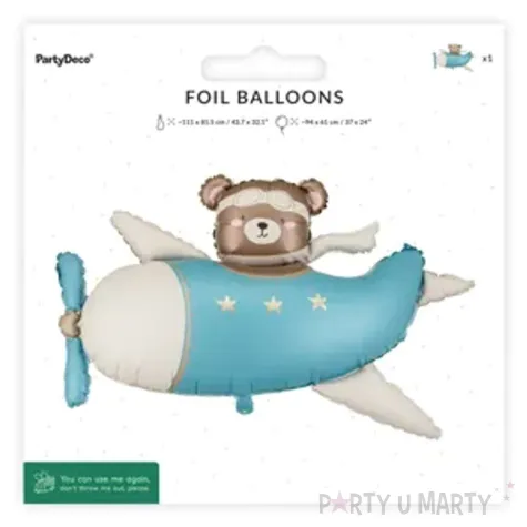 dekoracja na urodziny baby shower chlopca balon foliowy mis w samolocie niebieski