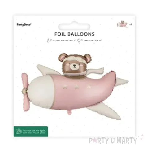 dekoracja na urodziny baby shower dziewczynki balon foliowy mis w samolocie rozowy jasny 44