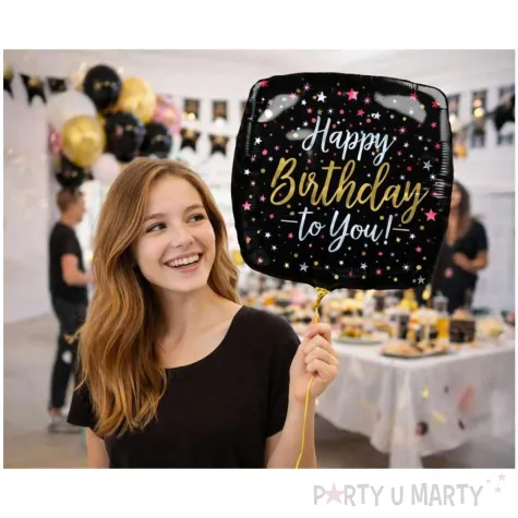 dekoracja na urodziny balon foliowy happy birthday to you kwadratowy czarny 18 sqr