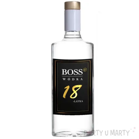 dekoracja na urodziny etykiety na butelki bosski 18 latek czarne 85x120 mm 5 szt