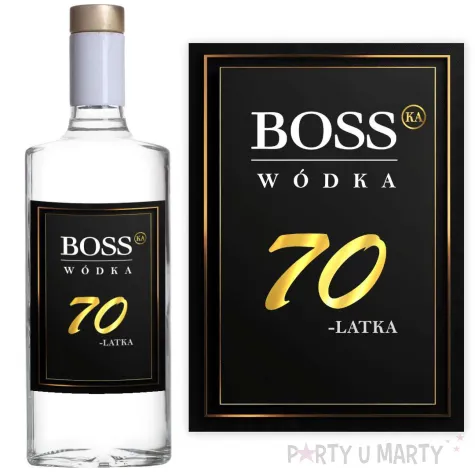 dekoracja na urodziny etykiety na butelki bosski 70 latek czarne 85x120 mm 5 szt