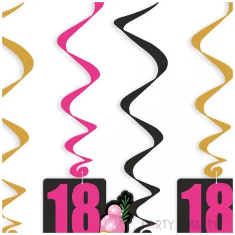 dekoracja na urodziny osiemnastke swiderki wiszace liczba 18 baloniki czarno rozowe 6 szt