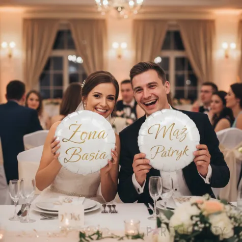 dekoracja na wesele prezent na slub balon foliowy zona imie personalizacja bialy zloty 18