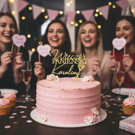 dekoracja na wieczor panienski topper na tort personalizacja imie zloty lustrzany 16 5 x 11 cm