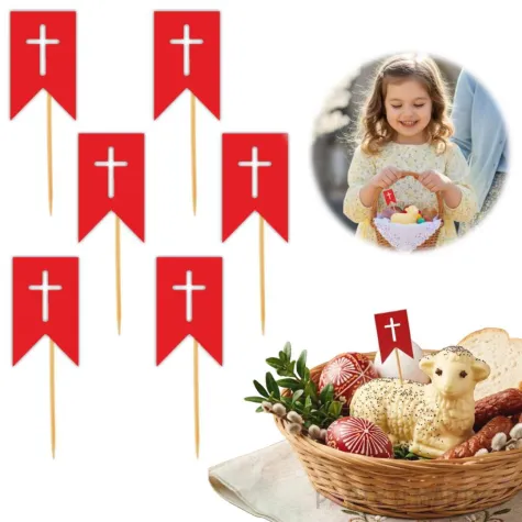 dekoracja na wielkanoc do swieconki pikery szpilki ozdobne choragiewka krzyz do baranka x6